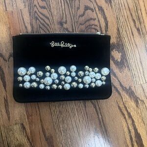 Lilly Pulitzer Black Velvet Clutch with Pearl & Crystal Embellishments